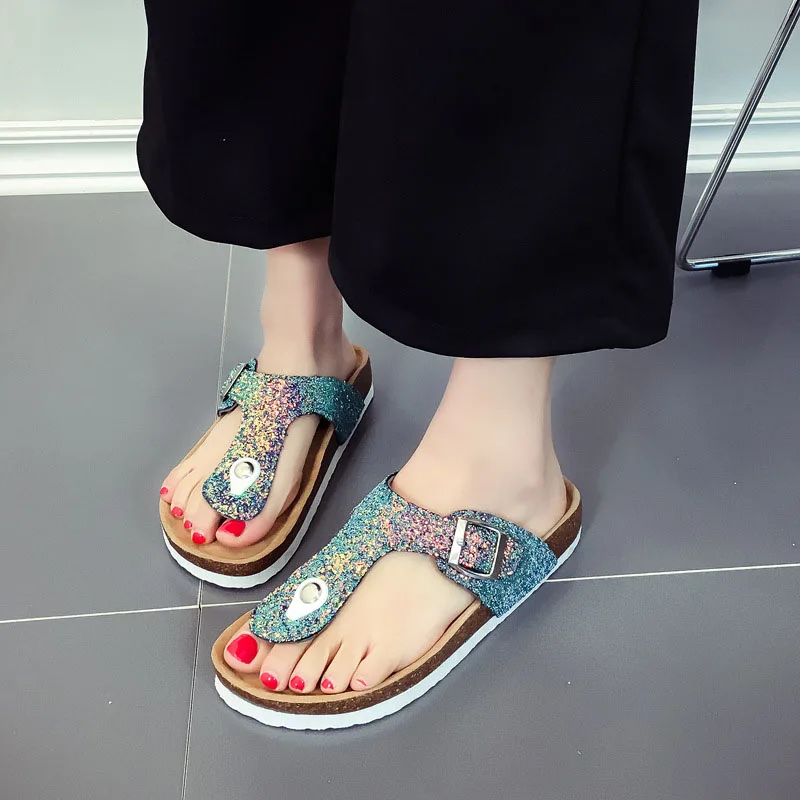 New Bling Beach Cork Flip Flops Slippers 2018 Casual Summer Women Sequins Print Slip on Slides Shoe Plus Size ME149 | Обувь