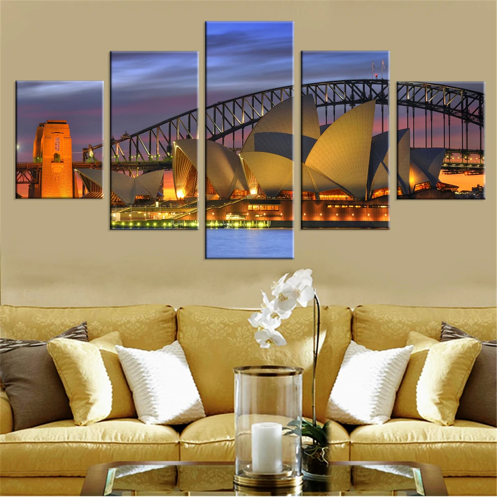 

Unframed Oil Painting Harbour Bridge Canvas Prints Sydney Night Scenery Home Decor Wall Art Works Wall Painting Modular 5 Panal