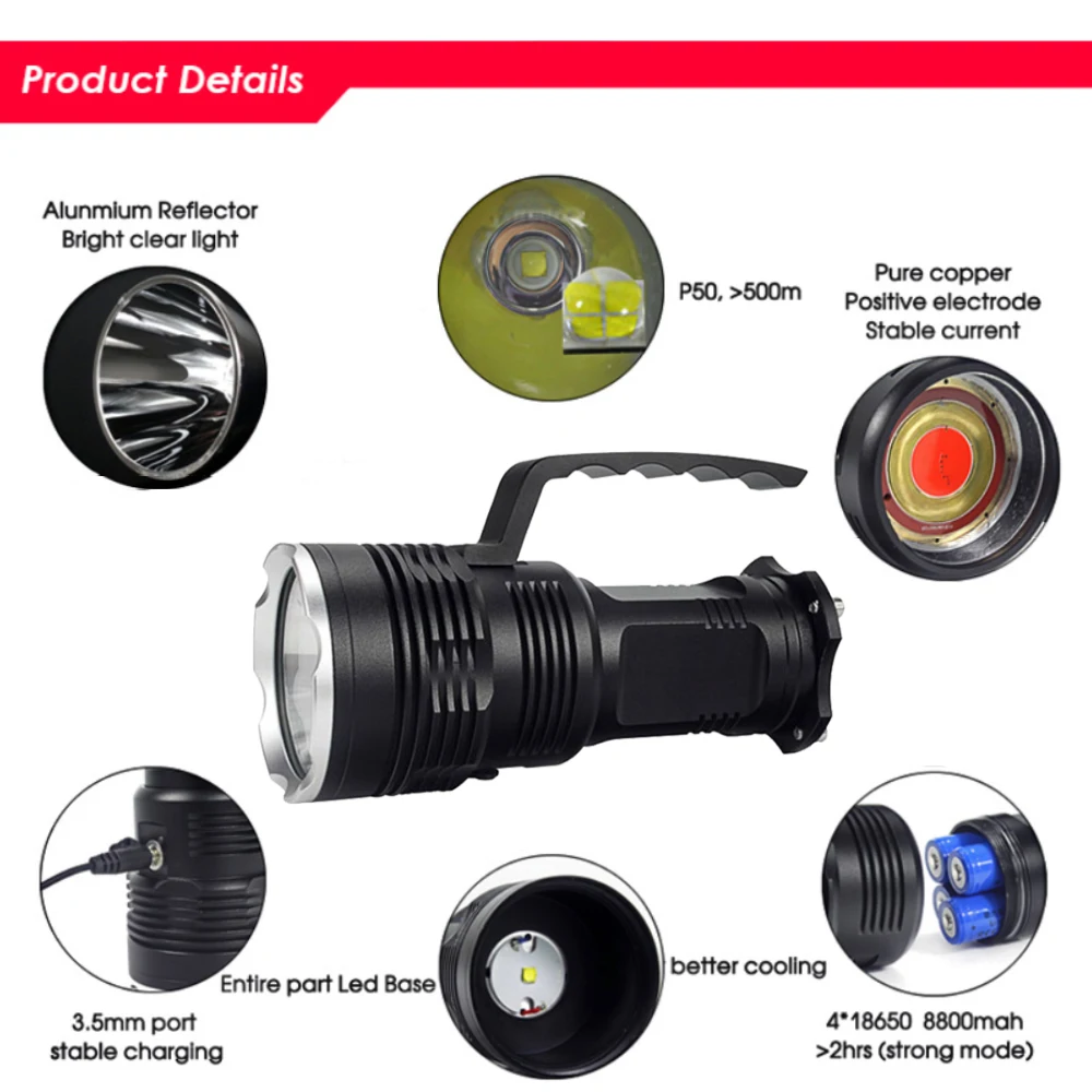 Мощный XHP50 светодиодный тактический фонарь lanterna Torch 4x18650 перезаряжаемый фонарик с