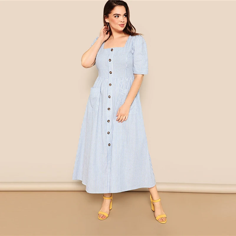 SHEIN, платье размера плюс, синее, с карманом, с заплатками, на пуговицах, в полоску, с карманом,, женское летнее повседневное Цельнокройное расклешенное платье с квадратным вырезом