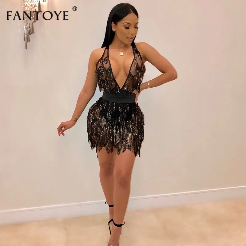 Fantoye спинки золотые блестки Bodycon платье для женщин кружево до Глубокий V средства ухода за кожей Шеи Пикантные мини клуб Рождественская повязка платья