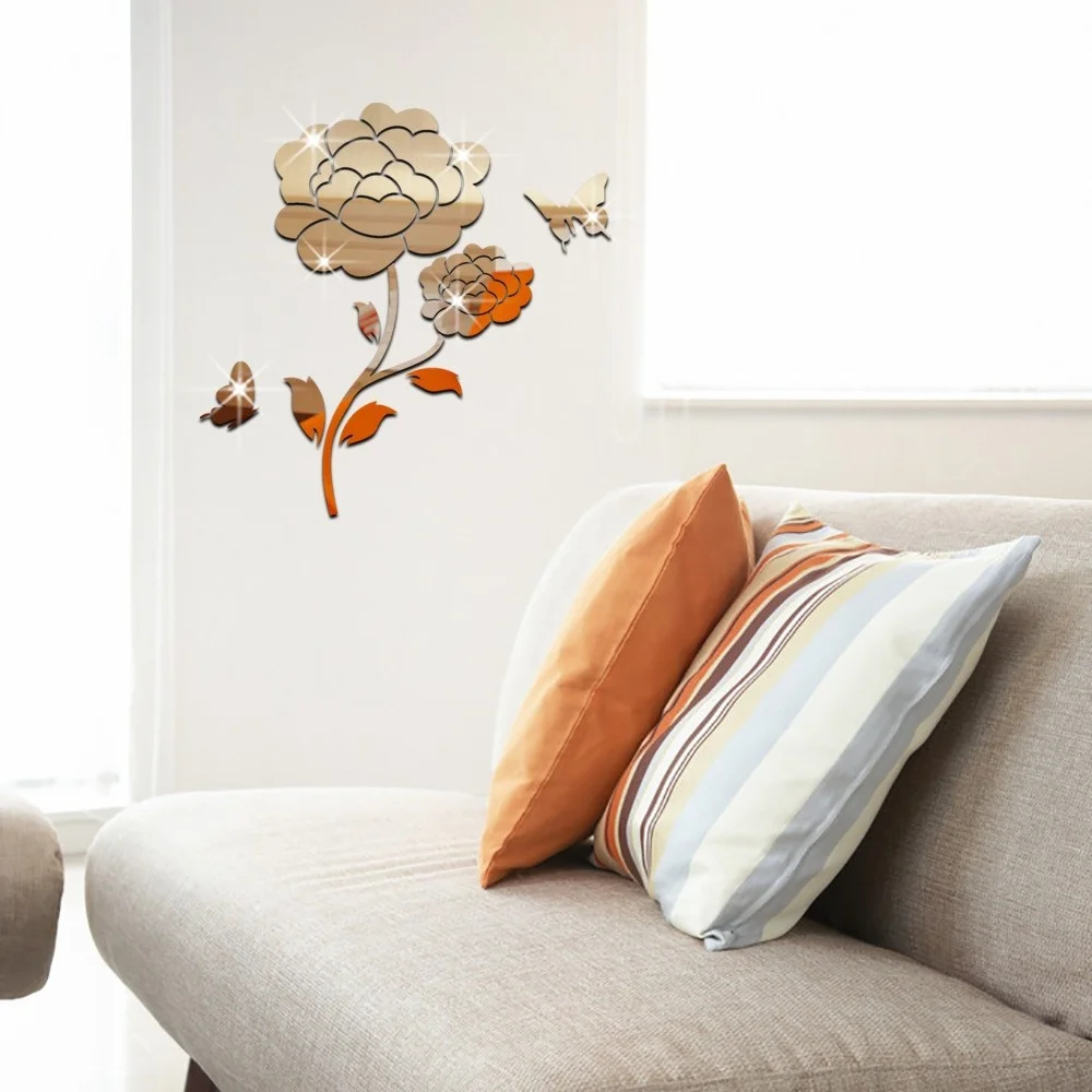 Зеркальные наклейки на стену украшение с изображением цветов и бабочек для