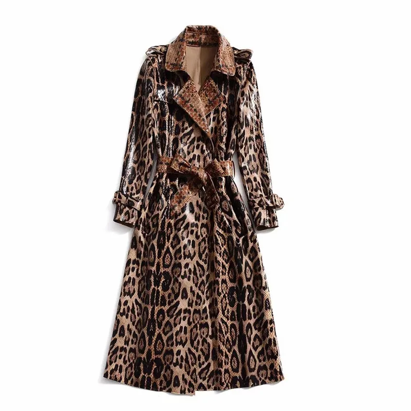 2019 Autumn New PU Leather Trench coat women Fashion leopard belt long womens Casual loose England Style Outerwear | Женская одежда