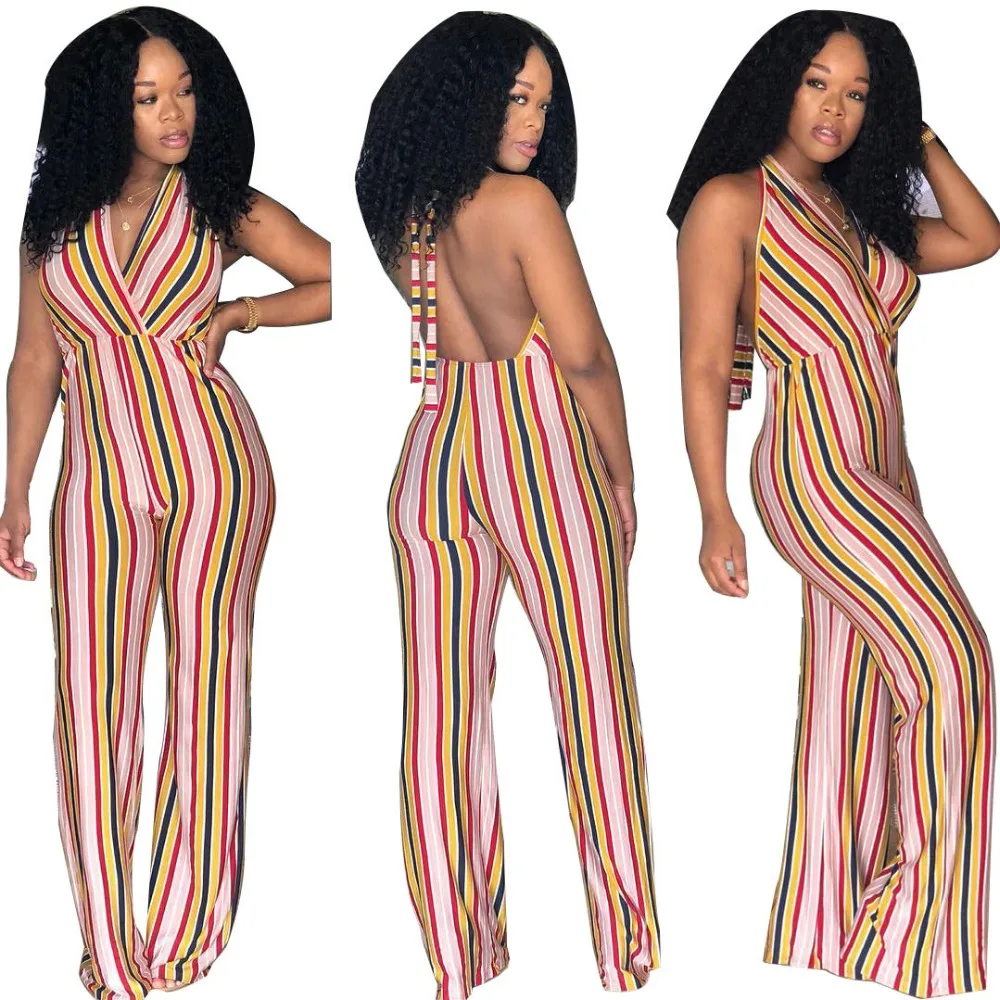 

Striped Digital Print Women Halter Backless Women Jumpsuits One Piece Outfits