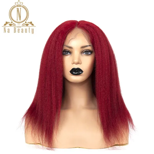 red 99J цвет яки кудрявый прямой полный парик шнурка красный 13x6 синтетические волосы на кружеве парики предварительно сорванные черные волосы remy для женщин Nabeauty - Цвет: red