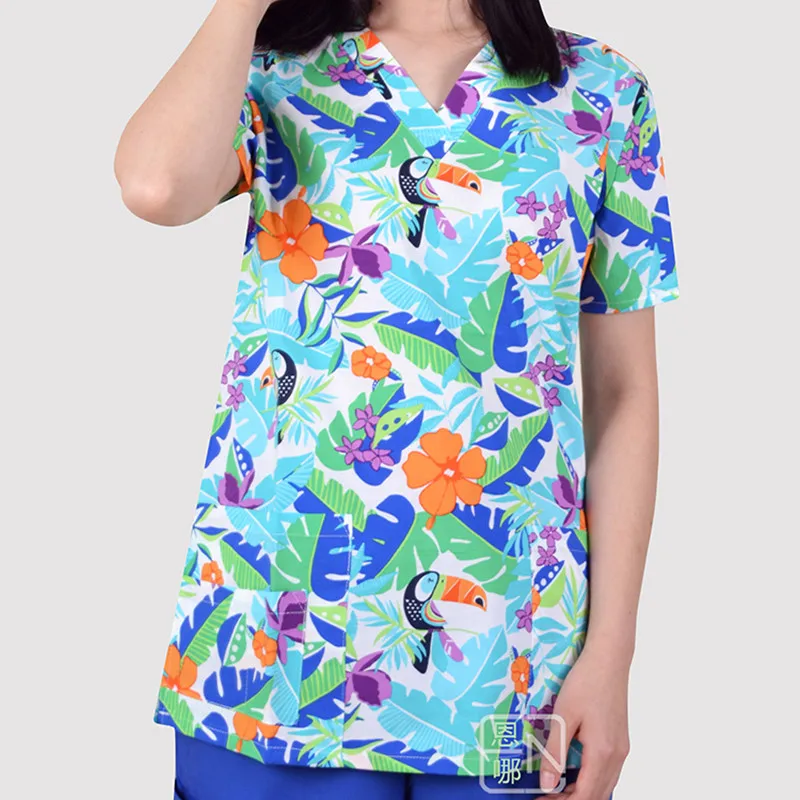 SCRUB TOP 12 Армейский ACU цифровой женский топ с принтом, медицинский скраб, топы, хлопок, больничная форма, v-образный вырез, короткий рукав, доктор, стоматолог, рабочая туника - Цвет: SCRUB TOP 12