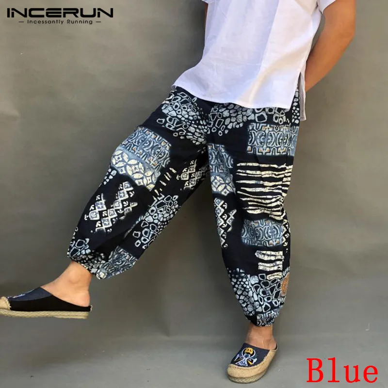 Blue Pants INCERUN, винтажные мужские шаровары, с принтом, хип-хоп, хлопок, мешковатые, уличная одежда, тайские Широкие штаны, свободные, этнический стиль, брюки для мужчин - Цвет: Blue Pants