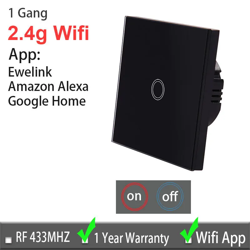 black 1 gang Сенсорный переключатель Vhome Ewelink, 2,4G Wifi, сенсорная панель для умного дома, стандарт ЕС/Великобритании, Wi-Fi, приложение Alexa, умная настенная панель - Цвет: black 1 gang