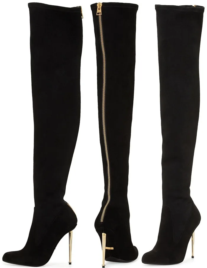 Koop Stretch Mode Lederen Metalen Stiletto Over De Knie Boot Hoge Hak Sexy Gold Rits Lange Laarzen Dij Hoge Winter Laarzen