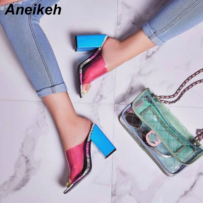 Aneikeh/ г.; модные выразительные Шлепанцы из ПВХ на высоком каблуке; шлепанцы на квадратном каблуке; пикантные прозрачные женские туфли-лодочки с открытым носком; размеры 41, 42