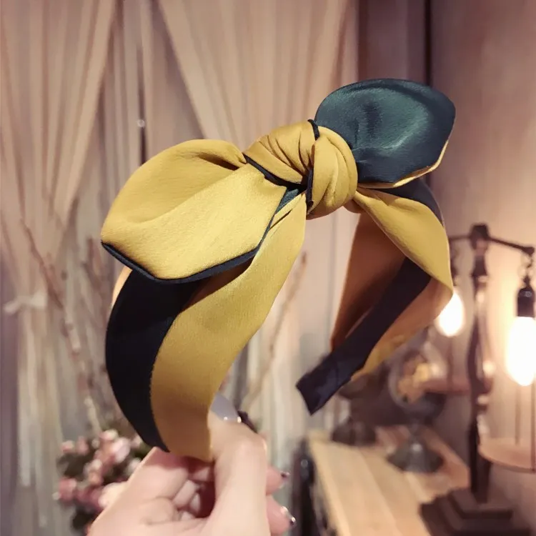 yellow Винтажная повязка на голову с узлом Новые широкие завязанные аксессуары для волос с бантом винно-красные головные уборы повязки голову-большой бант для женщин и девушек Вечерние - Цвет: yellow
