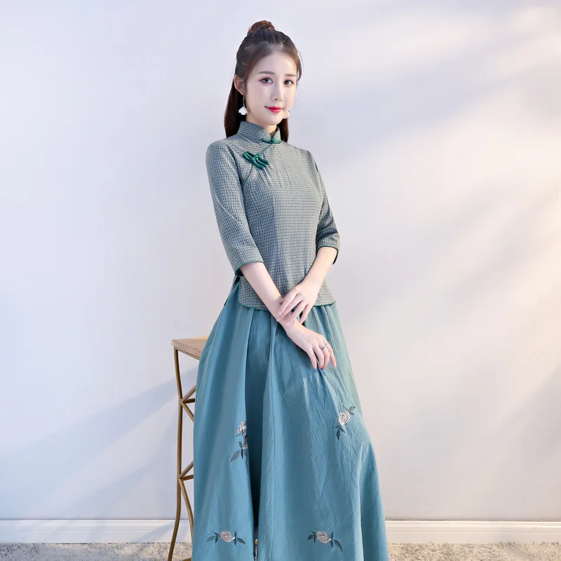 Женский летний cheongsam костюм из двух частей женский хлопковый Ципао винтажный воротник Мандарин Qipao Vestidos размера плюс S-3XL