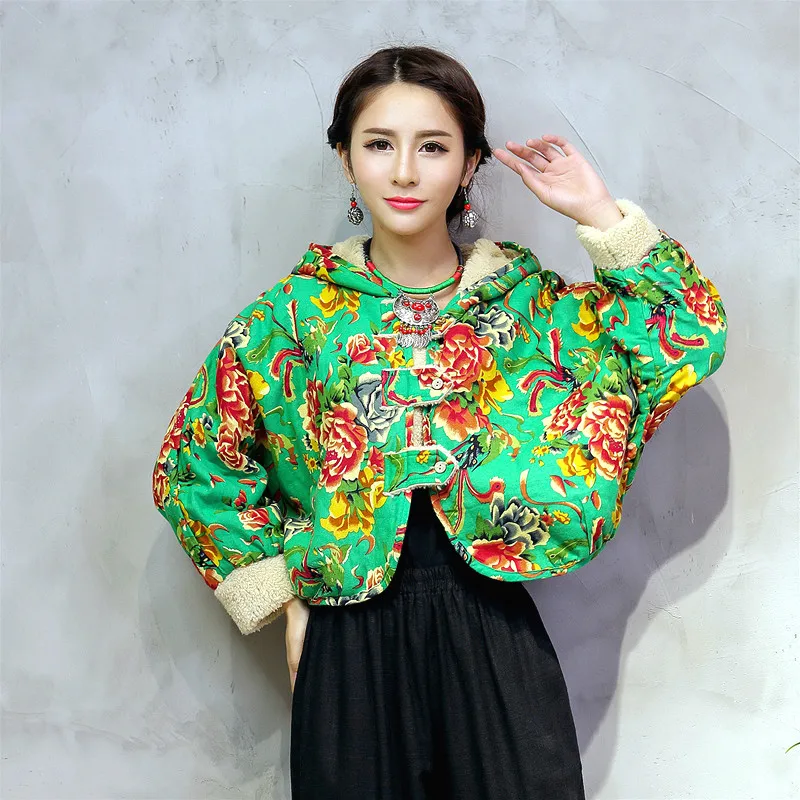 2019 Traditional Chinese Style Women Thick warm Short Coat Autumn Retro Button Printed Long Sleeve Cotton Linen cc470 | Женская одежда