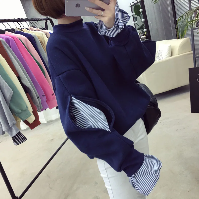 Spring Autumn New Women Striped Fake Two Piece O-Neck Sweatshirts Loose Casual Fashion Drop-Shoulder Harajuku ZX639 | Женская одежда