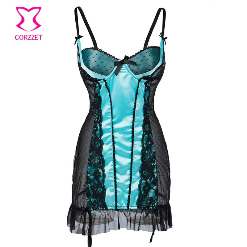 

Plus Size Nightdress Chemise Lingerie Sky Blue Satin and Black Dot Lace Nightwear With Suspenders Sexy Women Sleepwear For Woman