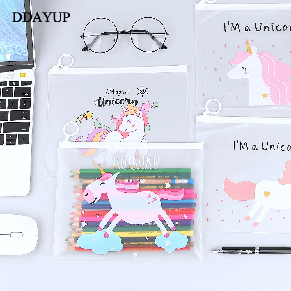 Прозрачный чехол-карандаш с мультипликационным принтом Kawaii Unicorn, большая сумка-карандаш для девочек, для детей, для офиса, школы, канцелярские принадлежности