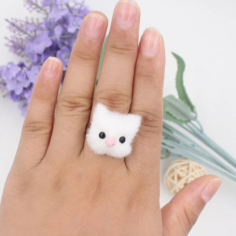 White cat Милые пушистые меховые кольца в виде кошки для женщин искусственный мех кролика собака лиса панда палец вечерние Ювелирные изделия Подвески женские обручальные кольца регулируемые - Цвет основного камня: White cat