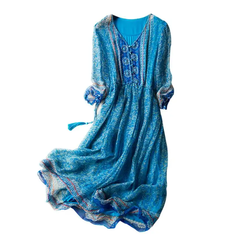 Women 100 Silk dress Beach dress Natural Silk Elegant Blue Print dress V-neck Holiday summer dresses Hot Free Shipping