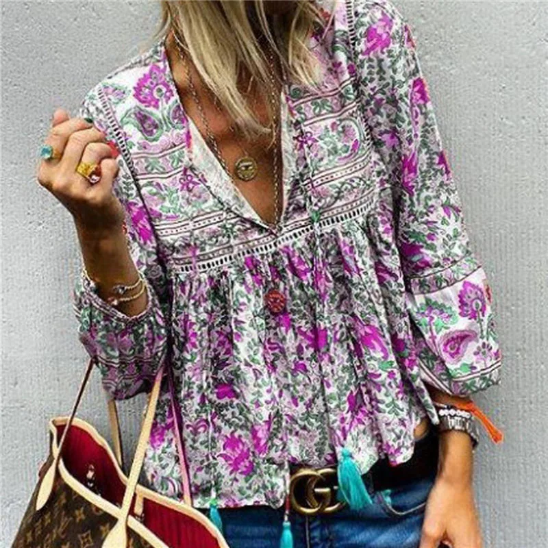 ELSVIOS летние кружевные лоскутные ретро рубашки сексуальный пуловер с v-образным