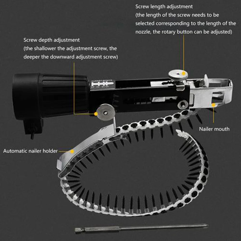 Automatic Screw Spike Chain Nail Gun Adapter For Electric Drill Woodworking Tool Cordless Power Drill Attachment