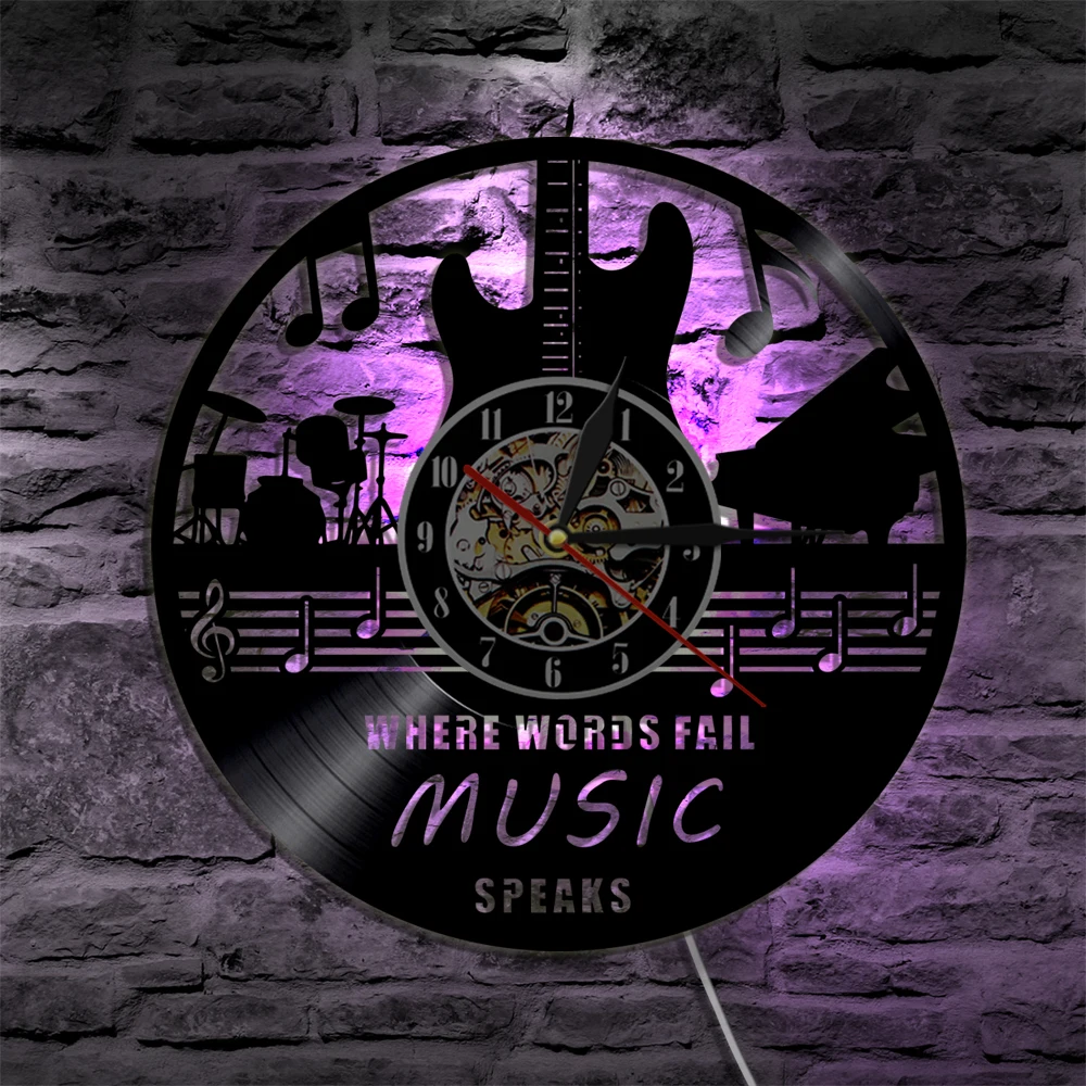 Where Words Fail Music Speaks Quote Wall Art Vinyl Record Clock Guitar Decorative Rock n Roll Gift | Дом и сад