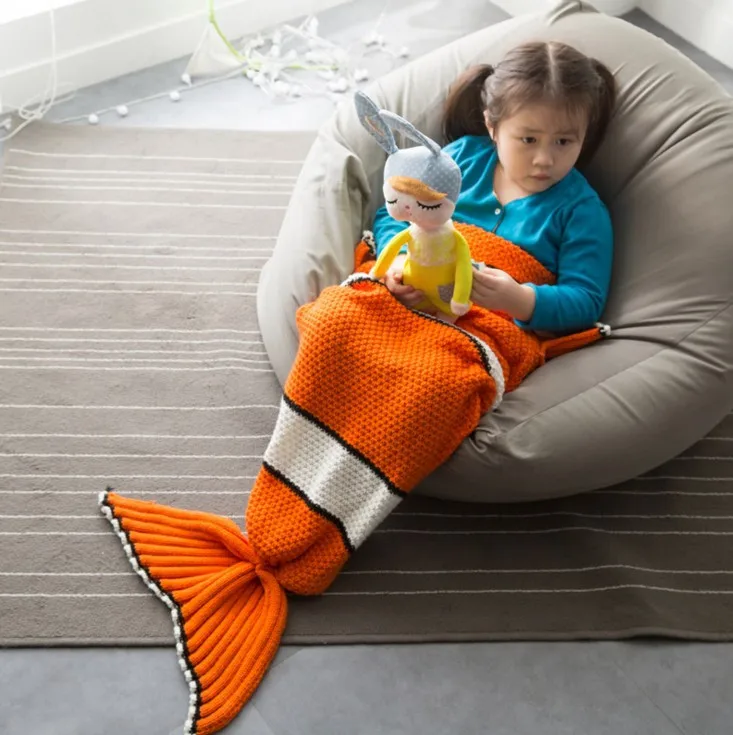

Mariours 70*140cm mermaid child blanket Handmade Crochet Sea Maid Tail Blanket Colorful Kids Throw Super Soft Home Blankets