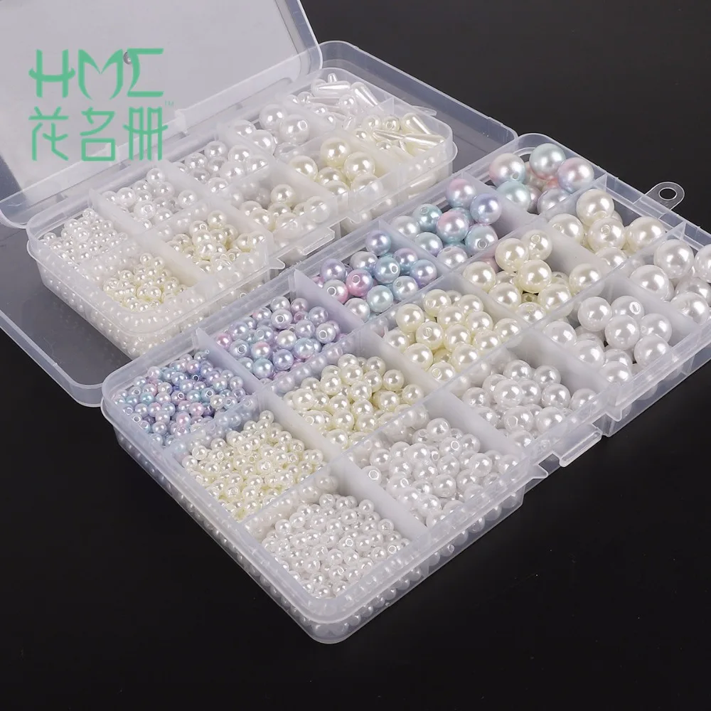 1 коробка смешанных размеров белый цвет слоновой кости круглый имитация пластика ABS жемчужные бусины с коробкой для Изготовление Бижутерии и ювелирных аксессуаров