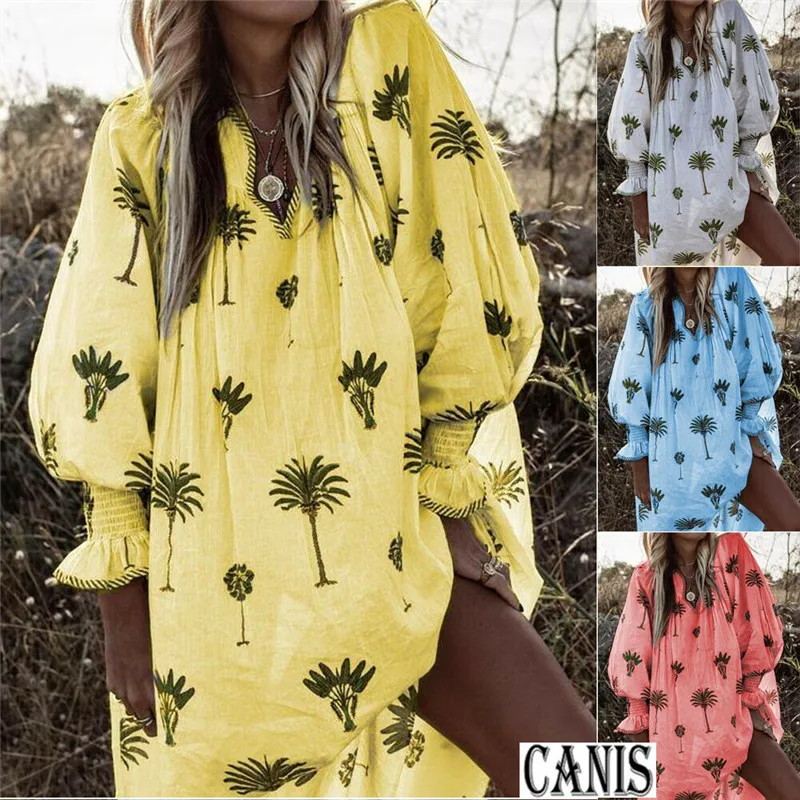 Женское платье с длинным рукавом повседневное тонкое из хлопка и льна цветочным