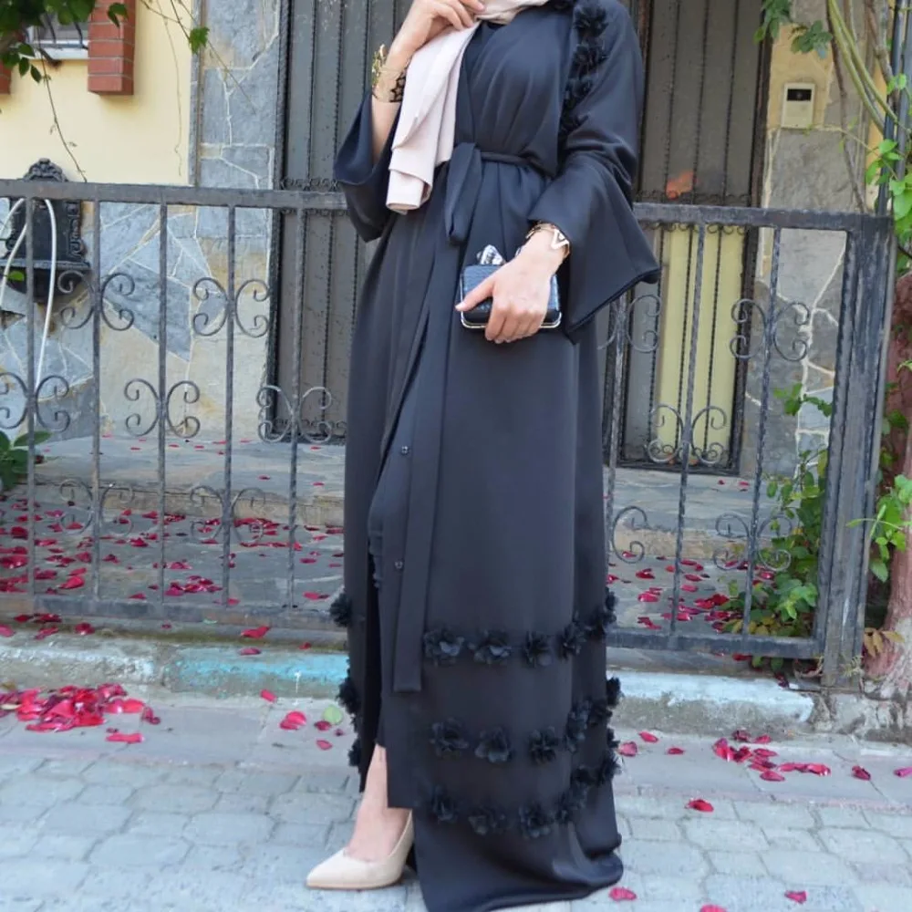 Модное Цветочное платье с открытой передней частью в мусульманском стиле с поясом, белая абайя, Дубайский халат, мусульманское женское плат...