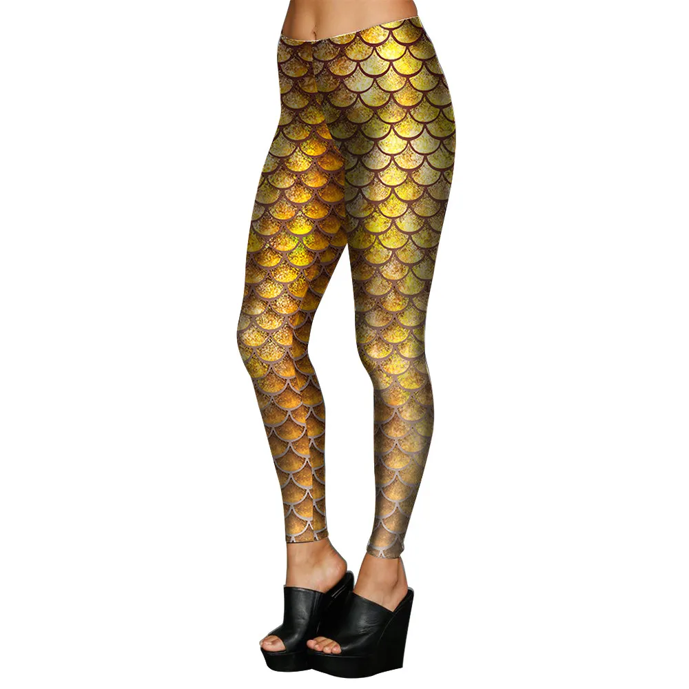 FCCEXIO Female Sexy Leggings 2019 New Shiny Mermaid Golden Fish Scale Digital Printed Stretch Smooth Fitness Jeggings | Женская одежда