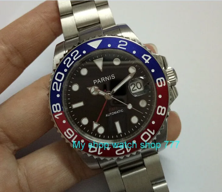 2017 новая мода 40 мм parnis GMT Красный & Blu ободок сапфировое стекло Мужские