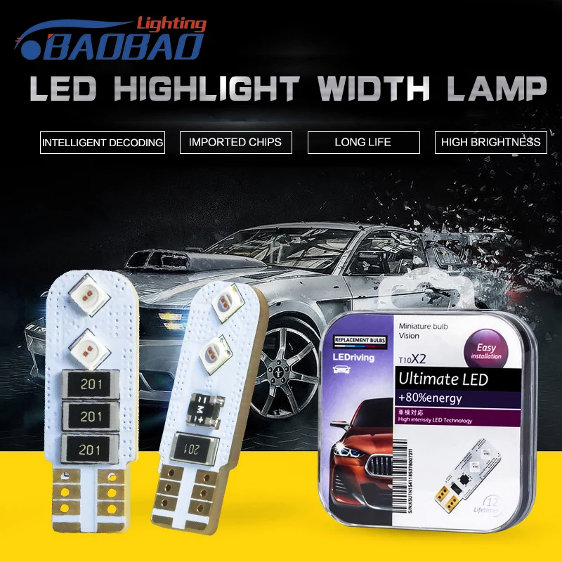 

BAOBAO 2Pcs/Set Ultra Bright T10 W5W LED Car Clearance Bulb Univeral Lighting Width Light Show Wide Decode License Plate Lights