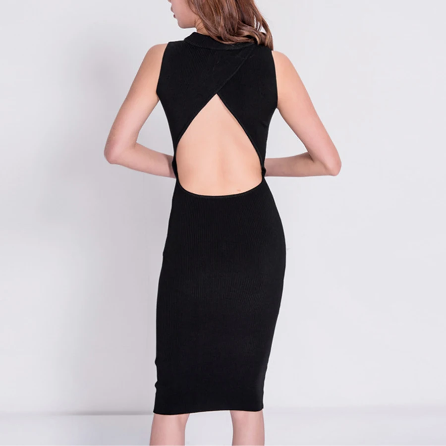 2018 осень сплошной черный элегантный женское платье О-образным вырезом Танк