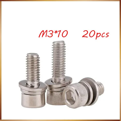 

Free shipping 20pcs M3 10mm M3*10mm 304 Stainless Steel Inner Hex Bolt combination Hexagon Socket Washer Sems Assembly Screw