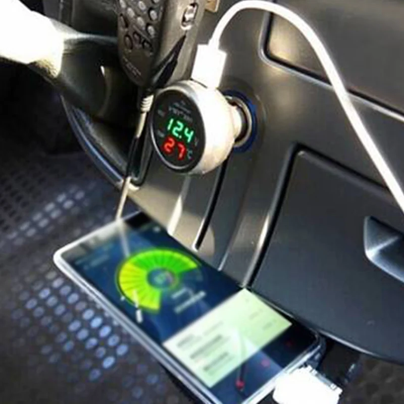 3 in 1 Multi Functional Car Thermometer Car Voltage Detection Table USB Port Charging 12V Cigarette Lighter Plug Car Charger