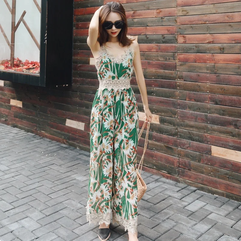 Bohemian Jumpsuit 2019 Summer Wide Leg Pants With Straps Chiffon Female Overalls Paysuits Boho Loose Dungarees For Women DD2108