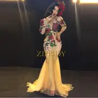 Multicolor Stones Rose Flowers Red Green Rhinestones Long Dress Stage Wear Nude Stretch Nightclub Female Singer Evening Outfit