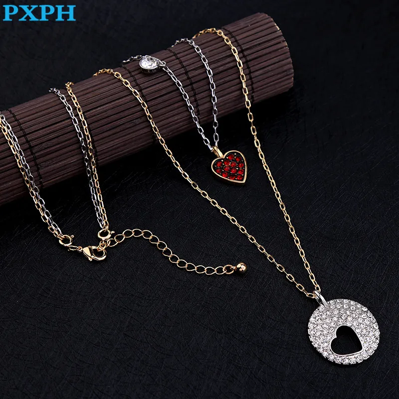 Ретро двойной Слои кристалл сердце любовь длинный кулон Цепочки и ожерелья для