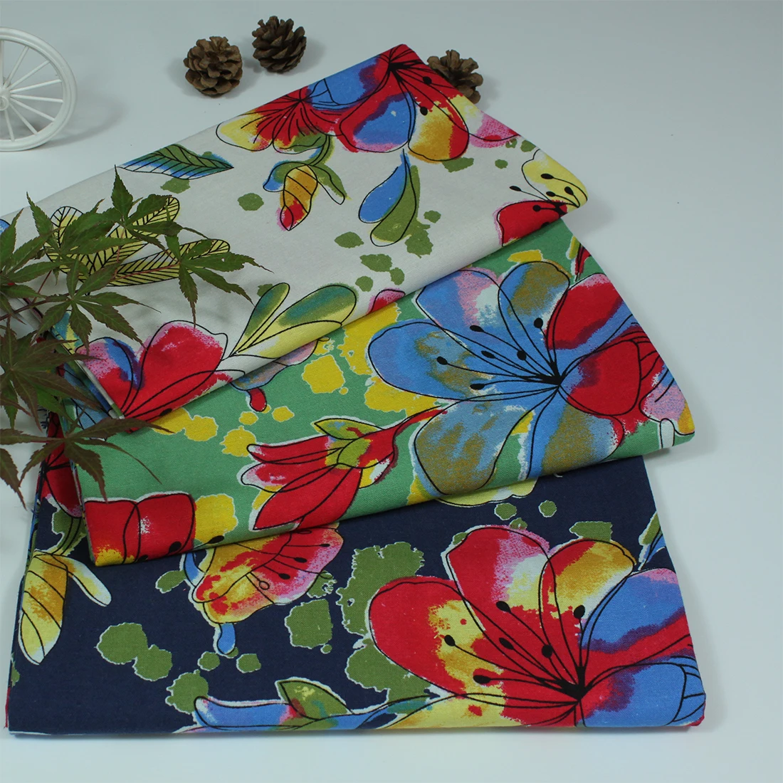 

cotton and linen elegant dark blue green white plantain flower for DIY handwork tablecloth curtain apprarel dress fabric textile