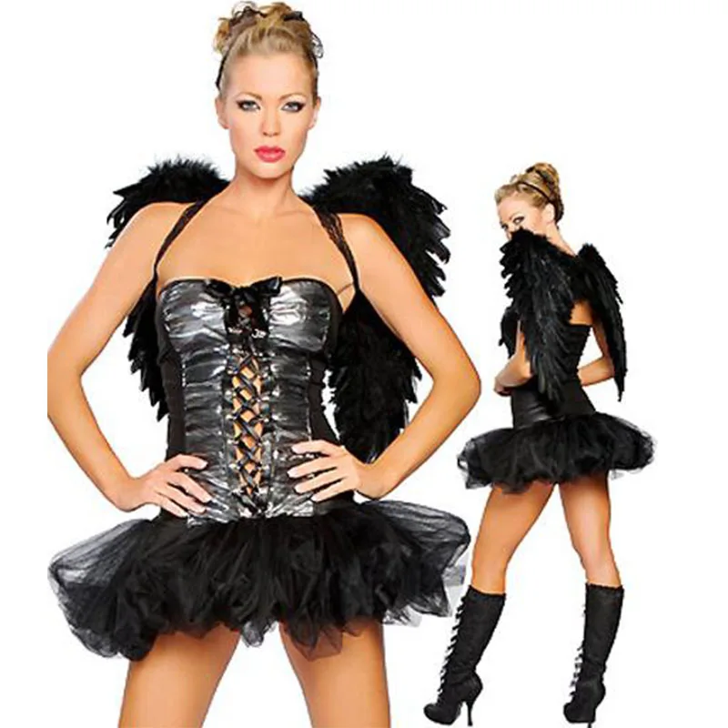 Привлекательное темное платье с изображением Ангела на Хэллоуин черными перьями