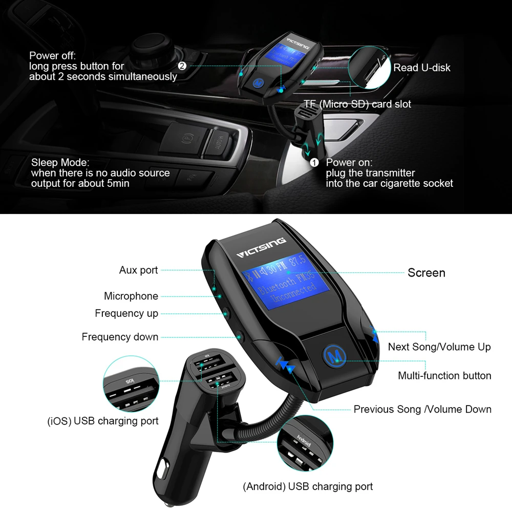 2019 Victsing Bluetooth fm передатчик беспроводной автомобильный музыкальный адаптер 3 usb