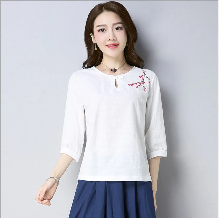 2018 хлопковая свободная футболка с вышивкой в этническом стиле ретро | Женская