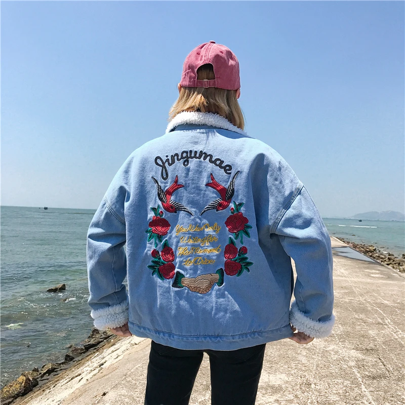 Зимние Мех воротник свободные джинсовые ворсинки летящая птица куртка с