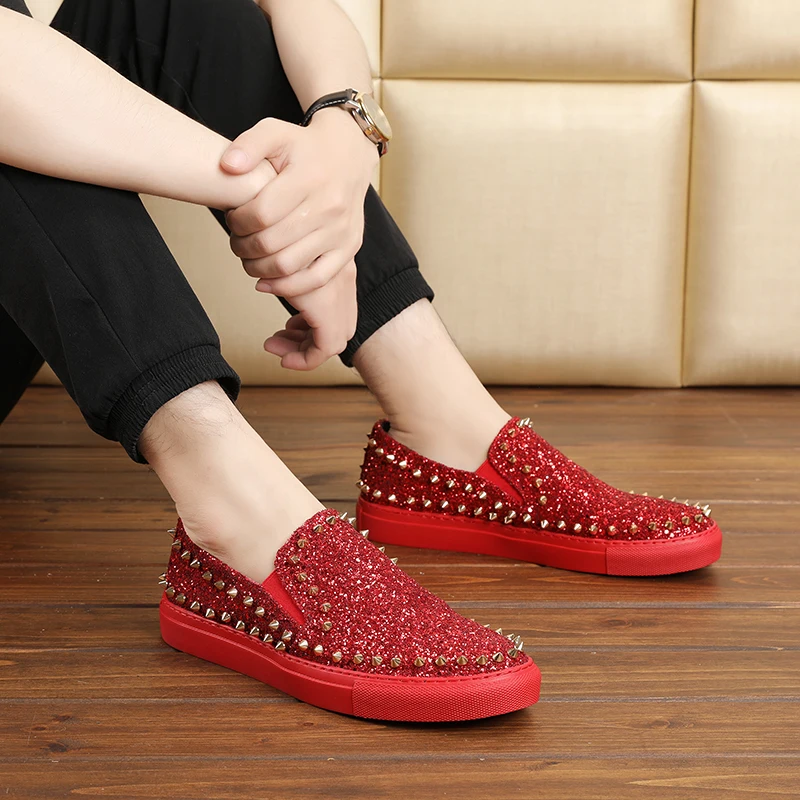 Модные Роскошные Брендовые мужские туфли с блестками на красной подошве