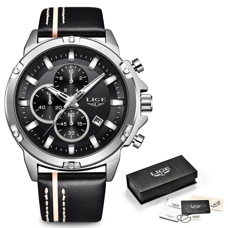 Silver Black LIGE, мужские часы, модные, с хронографом, мужские, Топ бренд, Роскошные, кварцевые часы, мужские, кожа, водонепроницаемые, спортивные часы, Relogio Masculino - Цвет: Silver Black