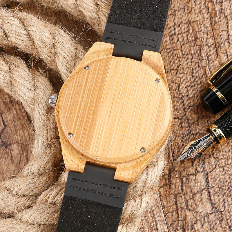 

Fashion Nature Hand-made Men's Wood Watch Classical Quartz Wooden Bamboo Wristwatch Black Genuine Leather Band for Men Women