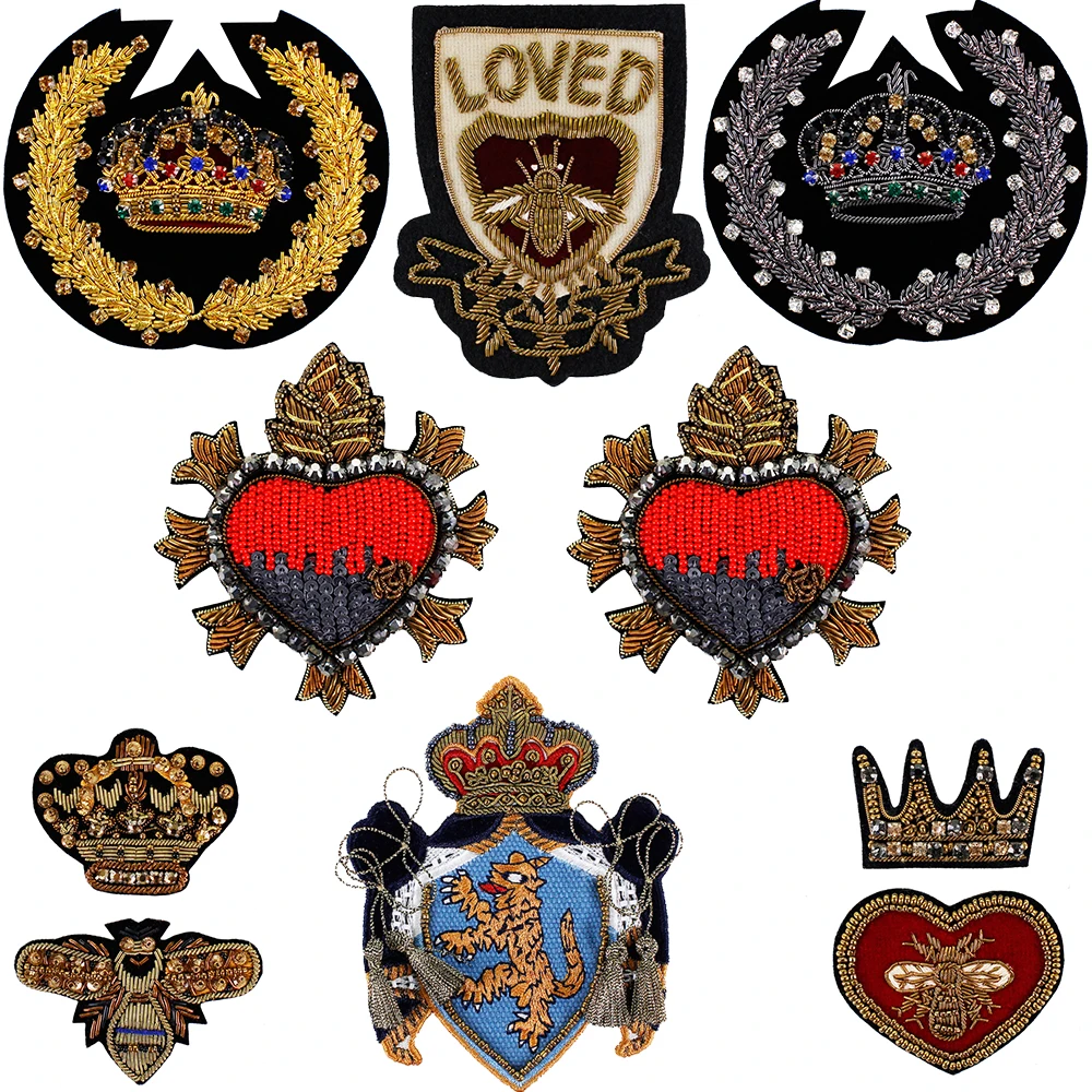 1pc Bee Crown Wreath Tiger Badge Love Heart Indian Silk Patch Beaded Applique Patches Vintage Embroidered Sewing P87 |