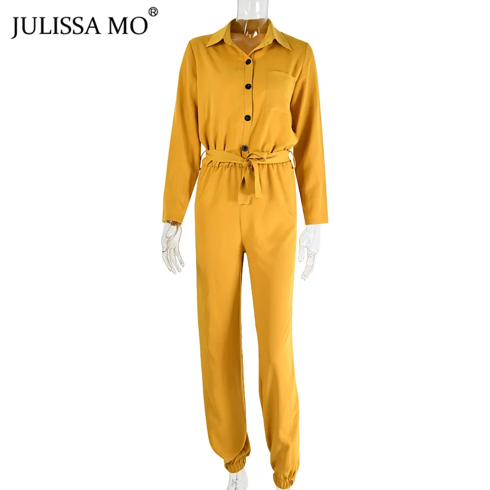 yellow Julissa mo сексуальный бандажный комбинезон с v-образным вырезом, женские комбинезоны с длинным рукавом, поясом и кнопками, широкие штаны, новинка, повседневный свободный спортивный костюм - Цвет: yellow