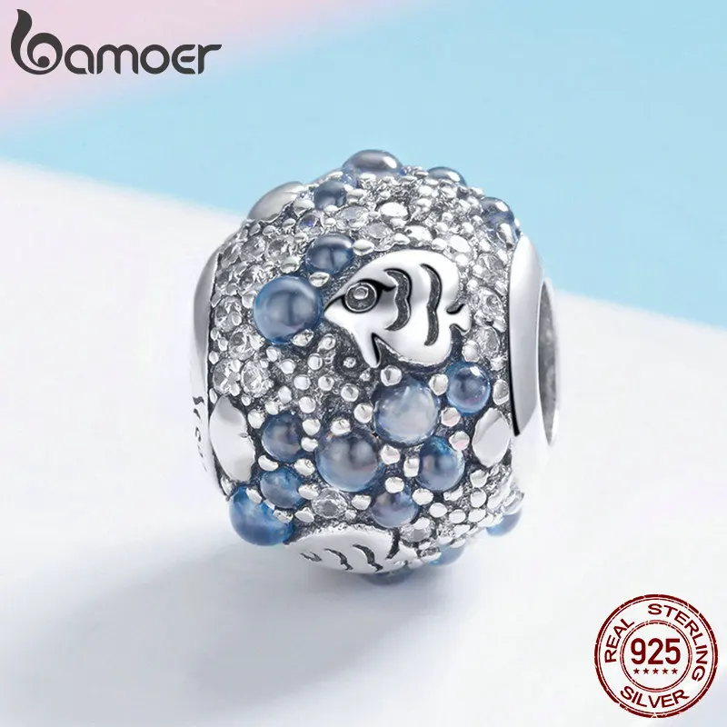 BAMOER, настоящий 925 пробы, серебряный, подводный мир, рыба, океан, бусины, кубические циркониевые амулеты, подходят для бусин, браслет, ювелирное изделие SCC932