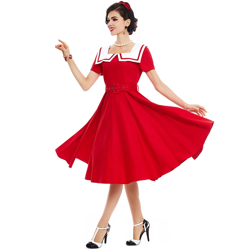Queenus винтажное платье 1950 S стиль лето красное Pin Up с коротким рукавом морской